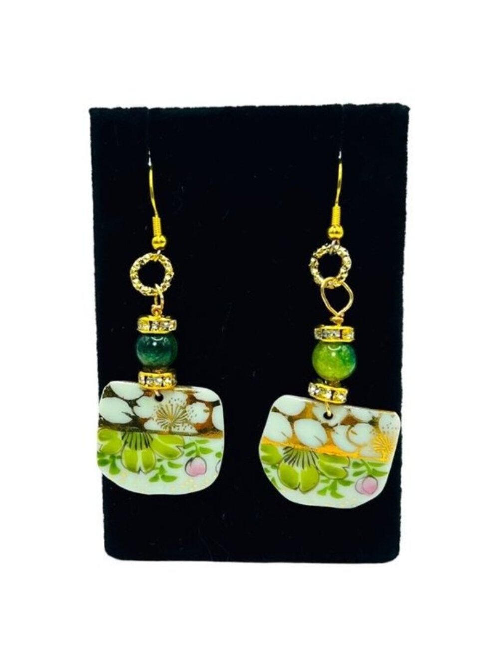 Garden Relics — Floral Bone China & Green Agate Earrings 925 GP Hooks